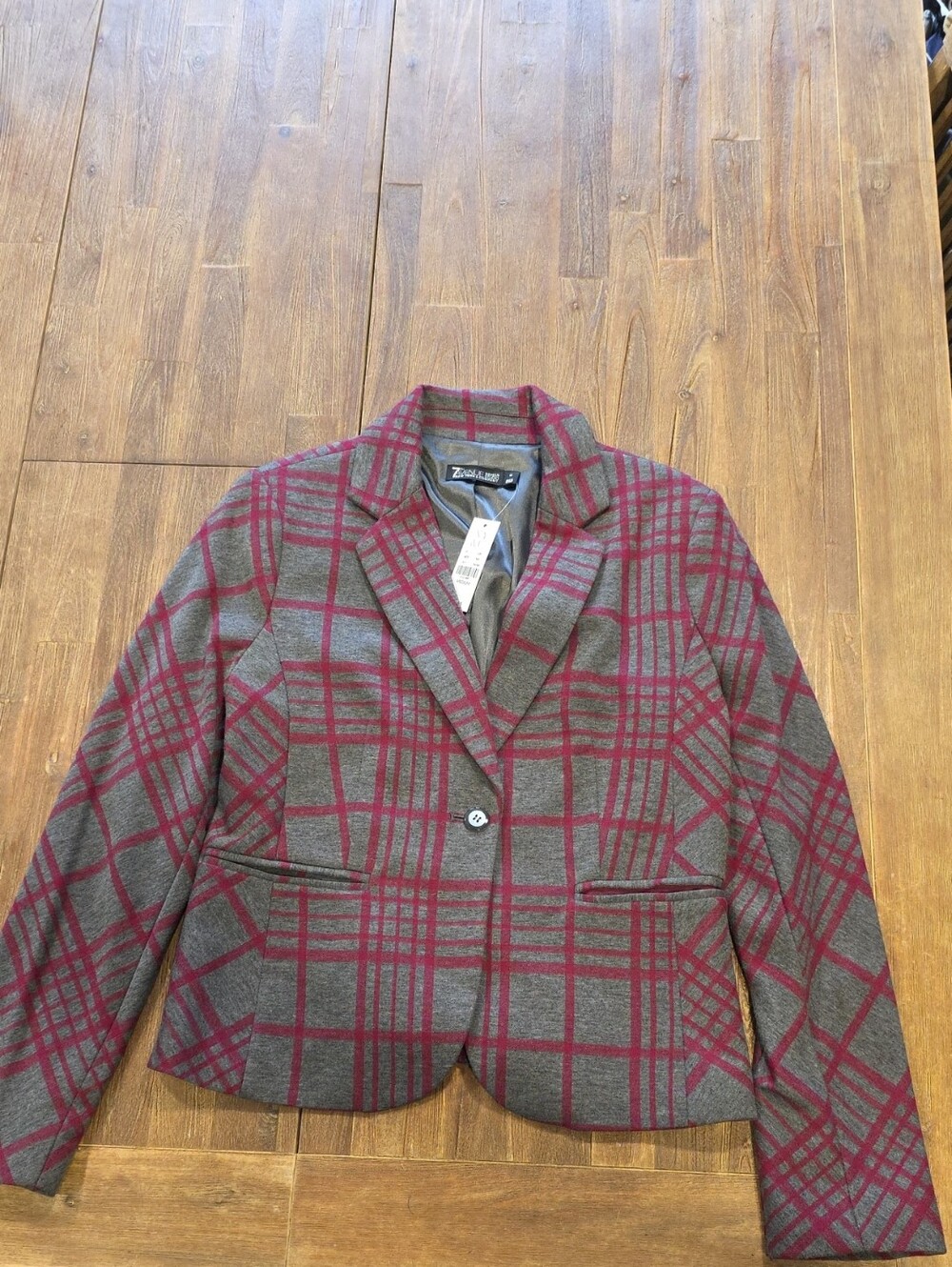 Contemporary Gray Blazer with Burgundy Plaid